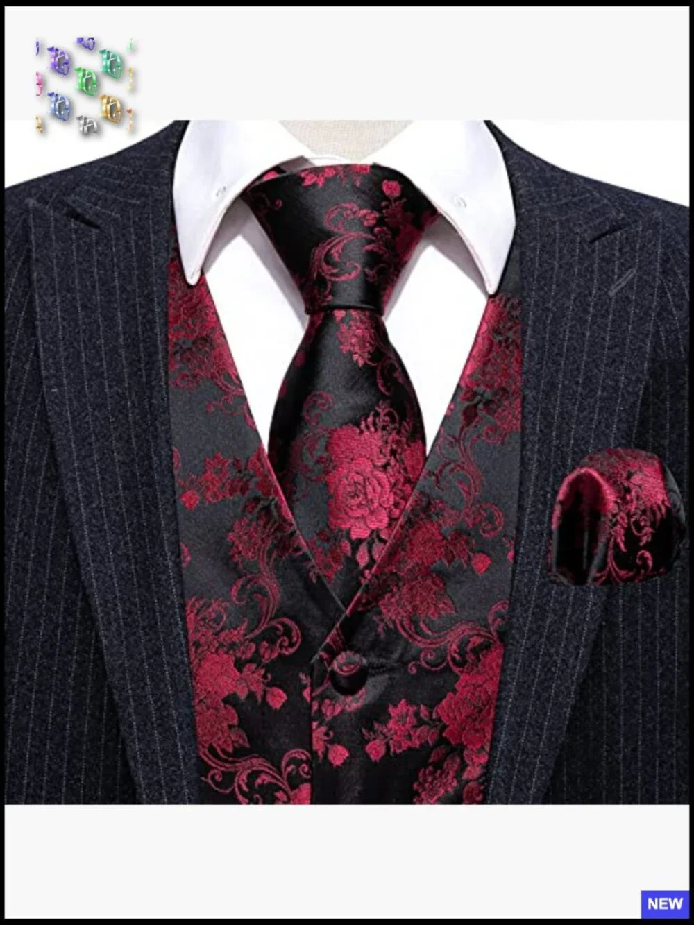 Men's V-Neck Suit Vest Set Silk Tie Pocket Square Cufflinks Formal Elegant
